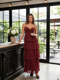 Burgundy Chiffon A-Line Sweetheart Backless Ankle-Length Bridesmaid Dress with Ruffles