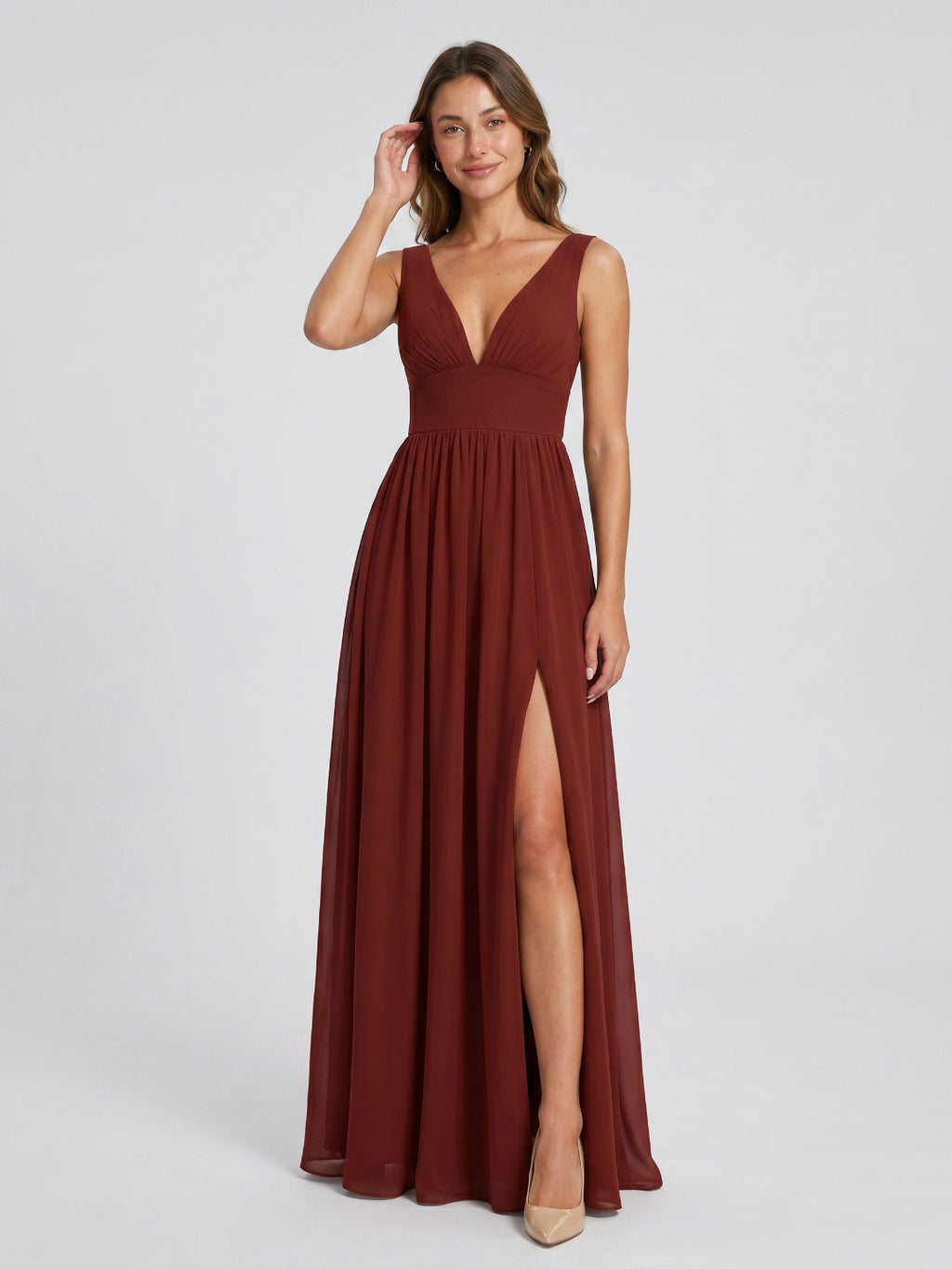 Burgundy Chiffon A-Line V-Neck Back Zip Floor-Length Bridesmaid Dress with Pleating