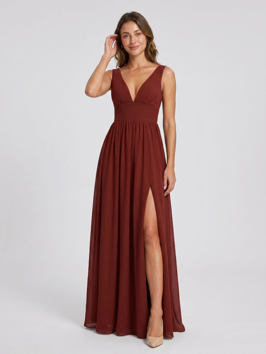 Burgundy Chiffon A-Line V-Neck Back Zip Floor-Length Bridesmaid Dress with Pleating