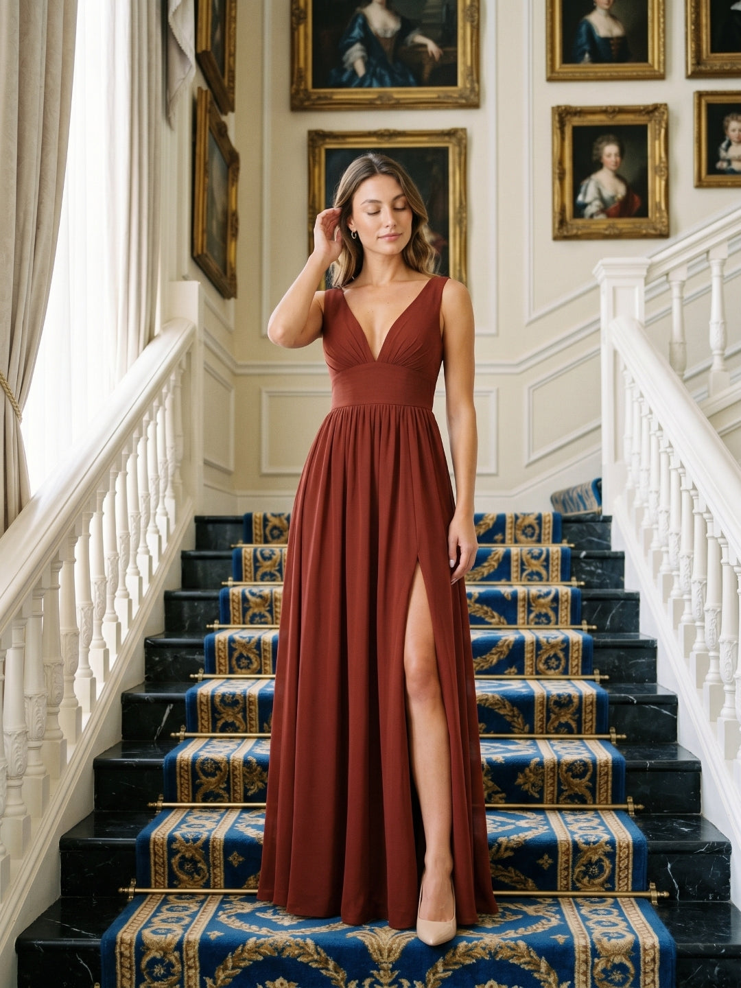 Burgundy Chiffon A-Line V-Neck Back Zip Floor-Length Bridesmaid Dress with Pleating