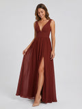 Burgundy Chiffon A-Line V-Neck Back Zip Floor-Length Bridesmaid Dress with Pleating