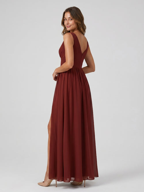 Burgundy Chiffon A-Line V-Neck Back Zip Floor-Length Bridesmaid Dress with Pleating