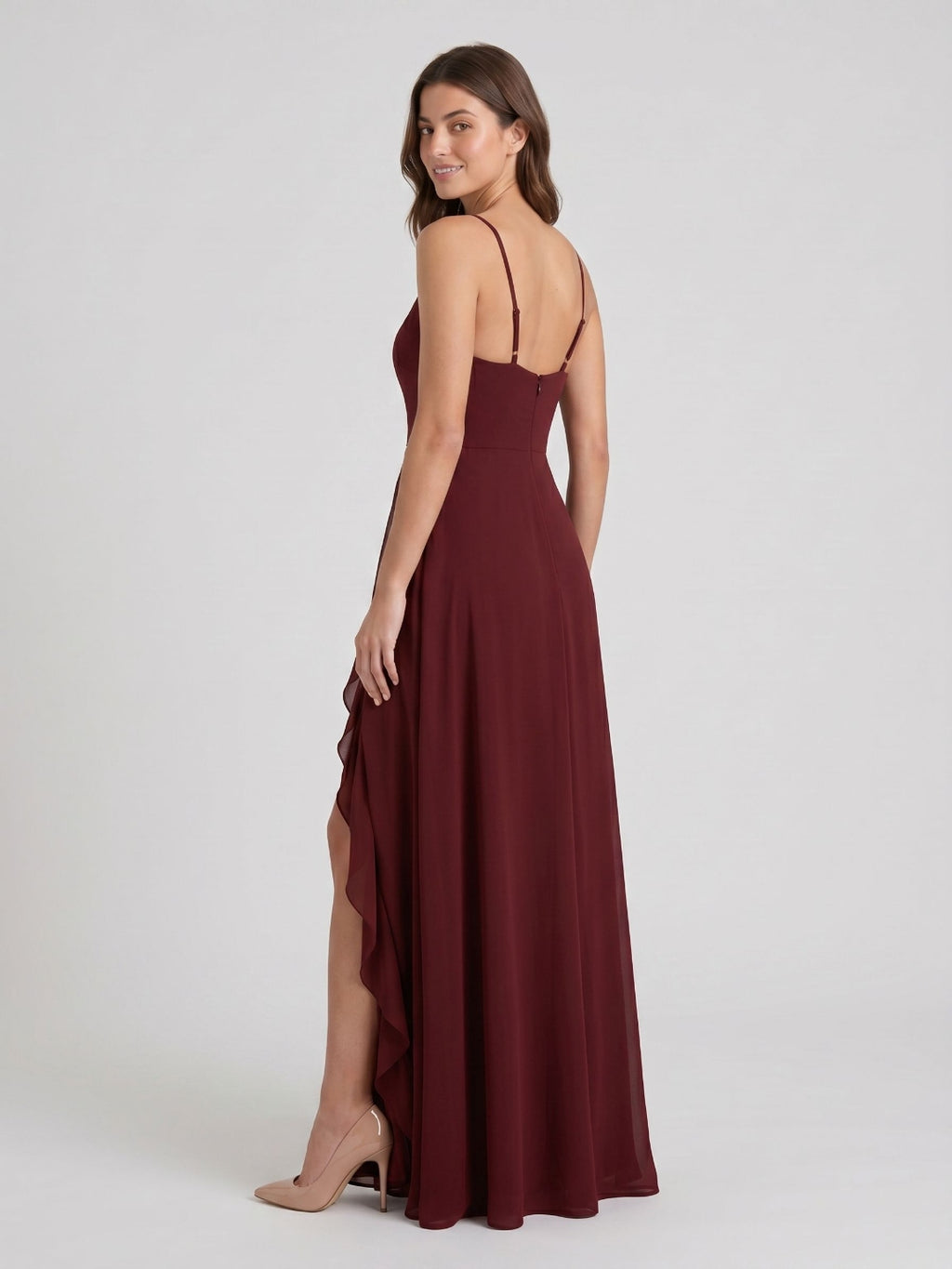 Burgundy Chiffon A-Line V-Neck Back Zip Floor-Length Bridesmaid Dress with Ruffles