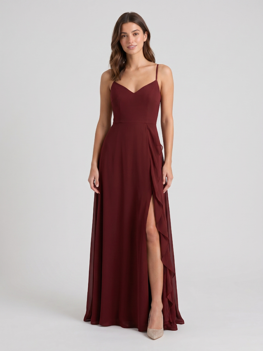 Burgundy Chiffon A-Line V-Neck Back Zip Floor-Length Bridesmaid Dress with Ruffles