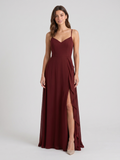 Burgundy Chiffon A-Line V-Neck Back Zip Floor-Length Bridesmaid Dress with Ruffles