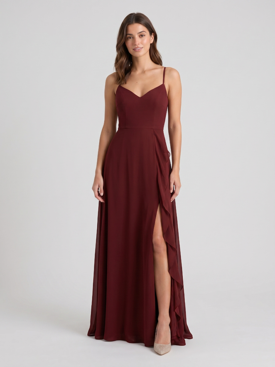 Burgundy Chiffon A-Line V-Neck Back Zip Floor-Length Bridesmaid Dress with Ruffles