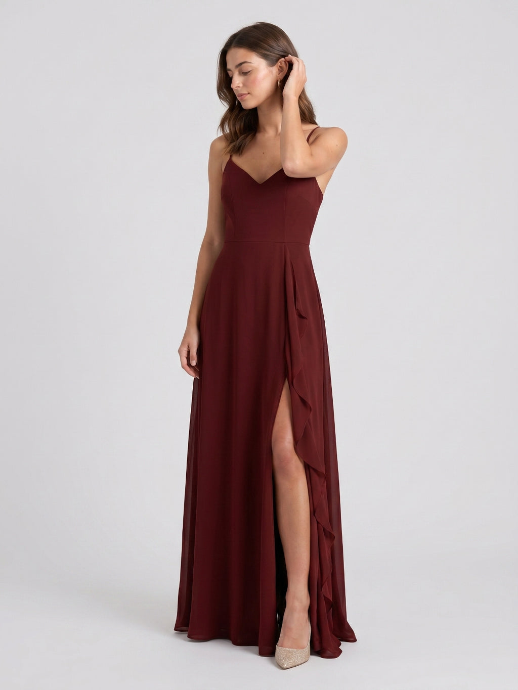 Burgundy Chiffon A-Line V-Neck Back Zip Floor-Length Bridesmaid Dress with Ruffles