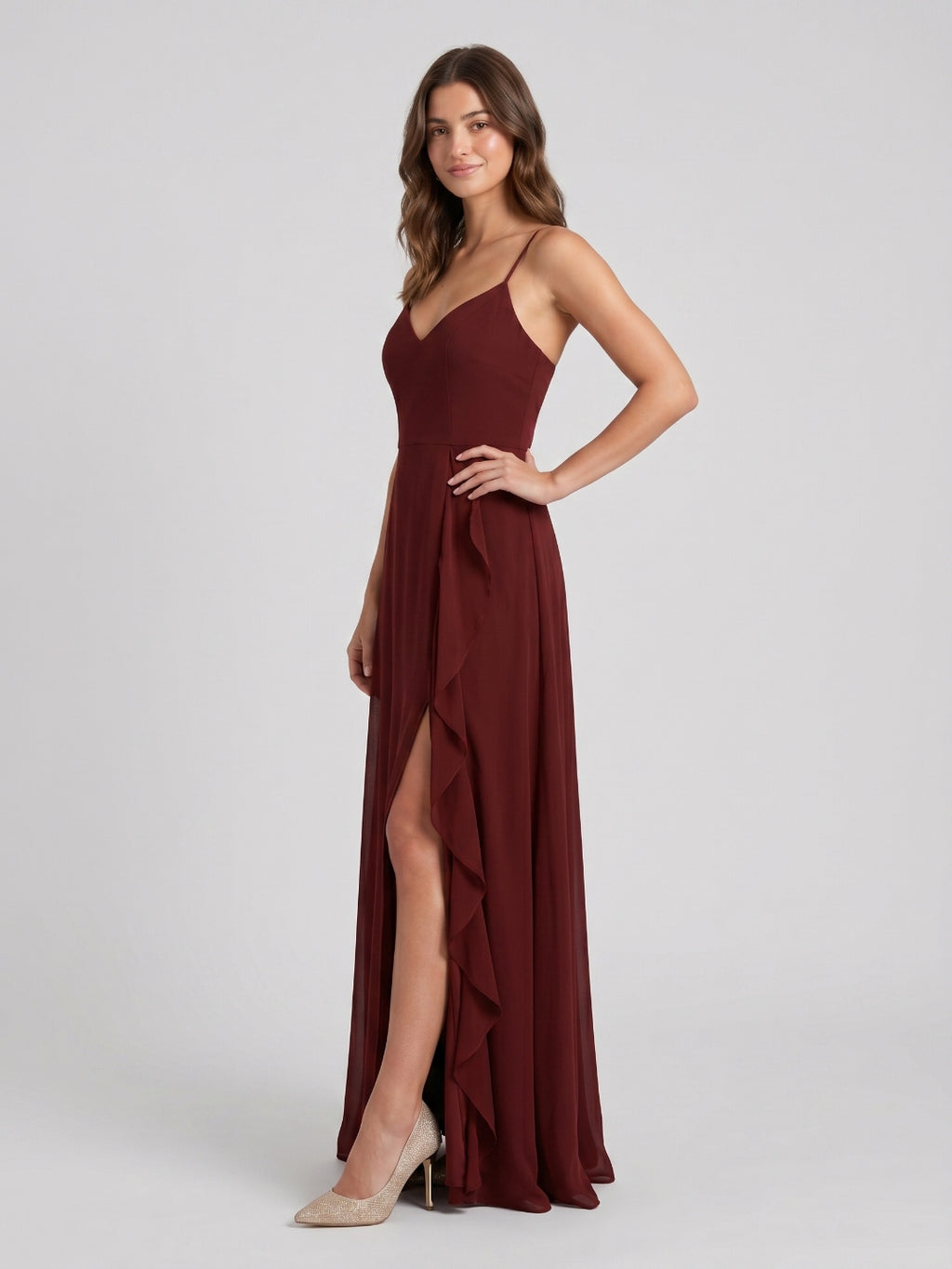 Burgundy Chiffon A-Line V-Neck Back Zip Floor-Length Bridesmaid Dress with Ruffles