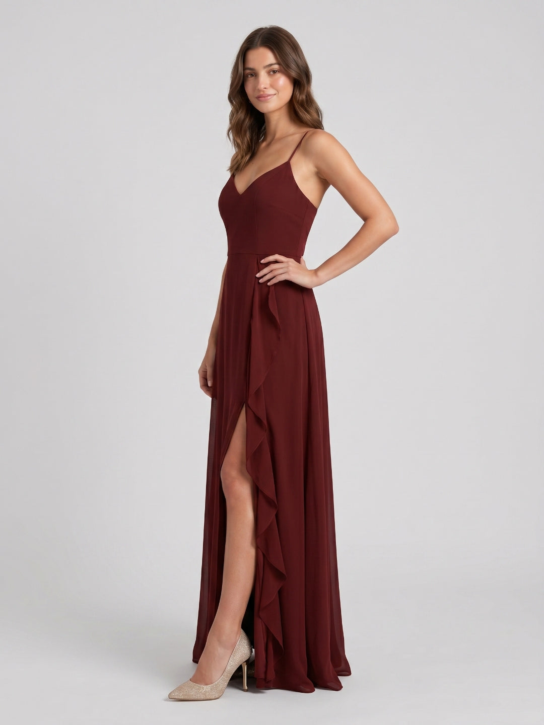 Burgundy Chiffon A-Line V-Neck Back Zip Floor-Length Bridesmaid Dress with Ruffles