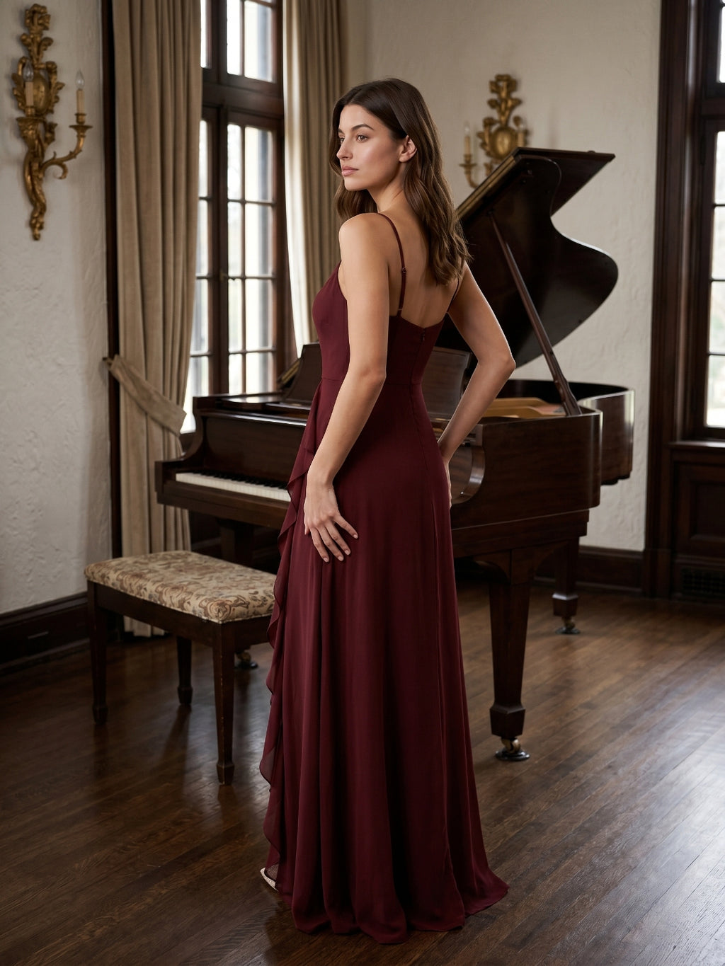 Burgundy Chiffon A-Line V-Neck Back Zip Floor-Length Bridesmaid Dress with Ruffles