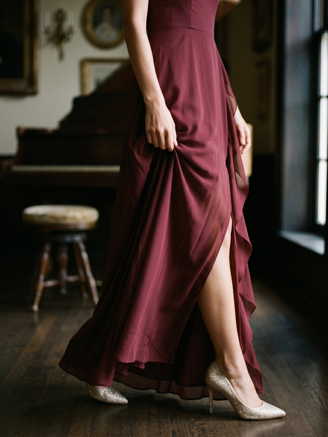 Burgundy Chiffon A-Line V-Neck Back Zip Floor-Length Bridesmaid Dress with Ruffles