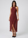 Burgundy Chiffon Sheath Halter Back Zip Knee-Length Bridesmaid Dress with Pleats