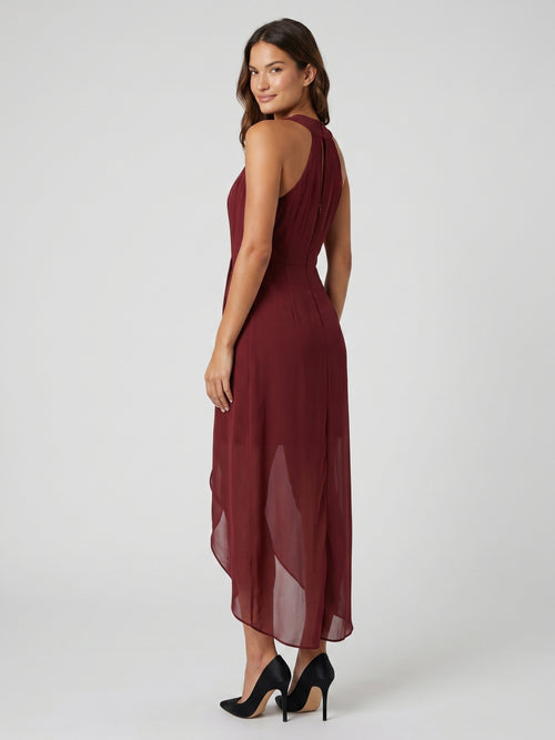 Burgundy Chiffon Sheath Halter Back Zip Knee-Length Bridesmaid Dress with Pleats