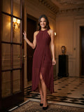 Burgundy Chiffon Sheath Halter Back Zip Knee-Length Bridesmaid Dress with Pleats