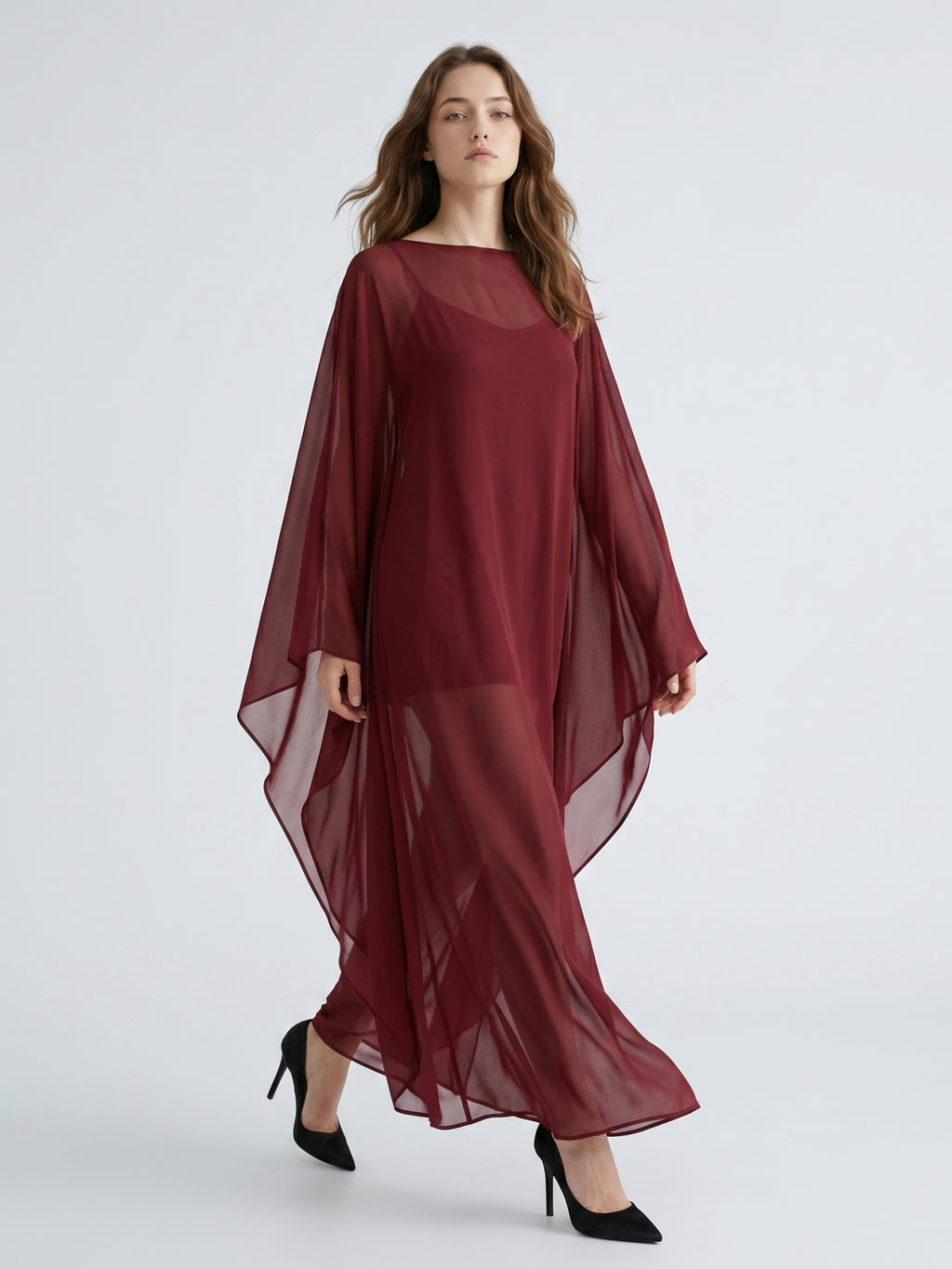 Burgundy Chiffon Sheath Scoop Neck Illusion Ankle-Length Bridesmaid Dress with Cape