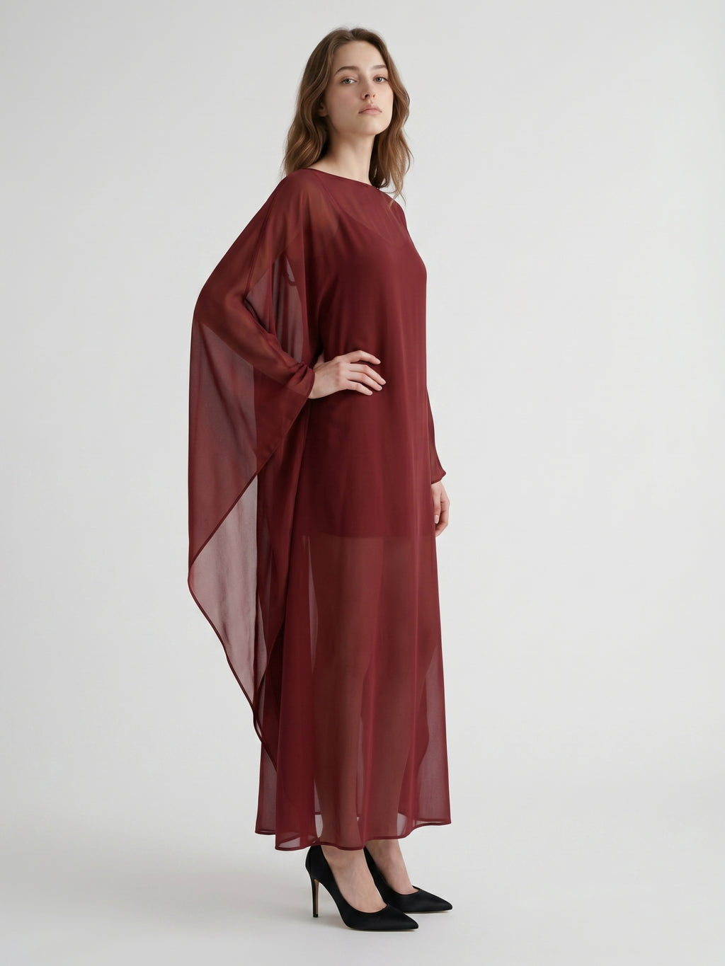 Burgundy Chiffon Sheath Scoop Neck Illusion Ankle-Length Bridesmaid Dress with Cape