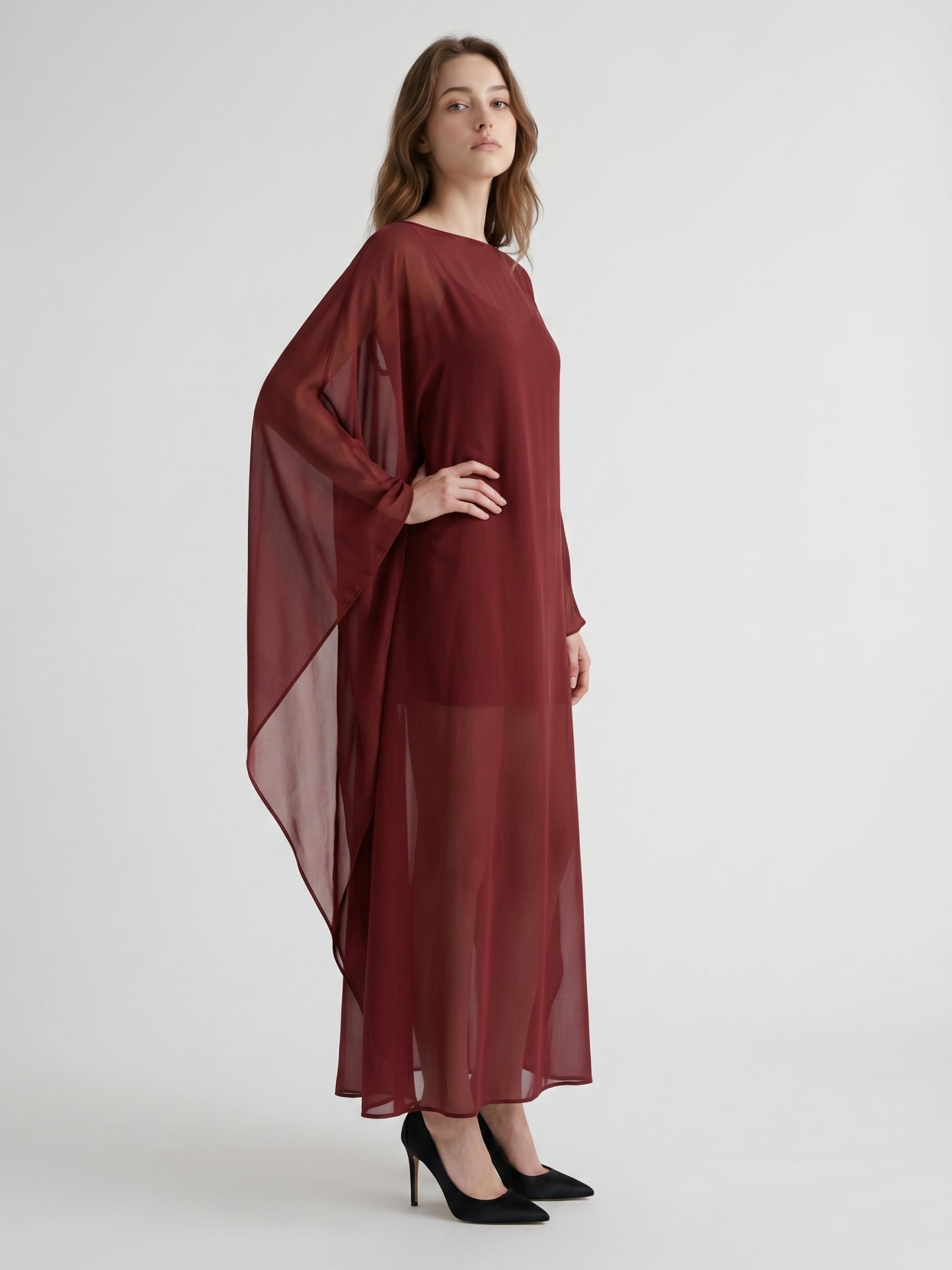Burgundy Chiffon Sheath Scoop Neck Illusion Ankle-Length Bridesmaid Dress with Cape