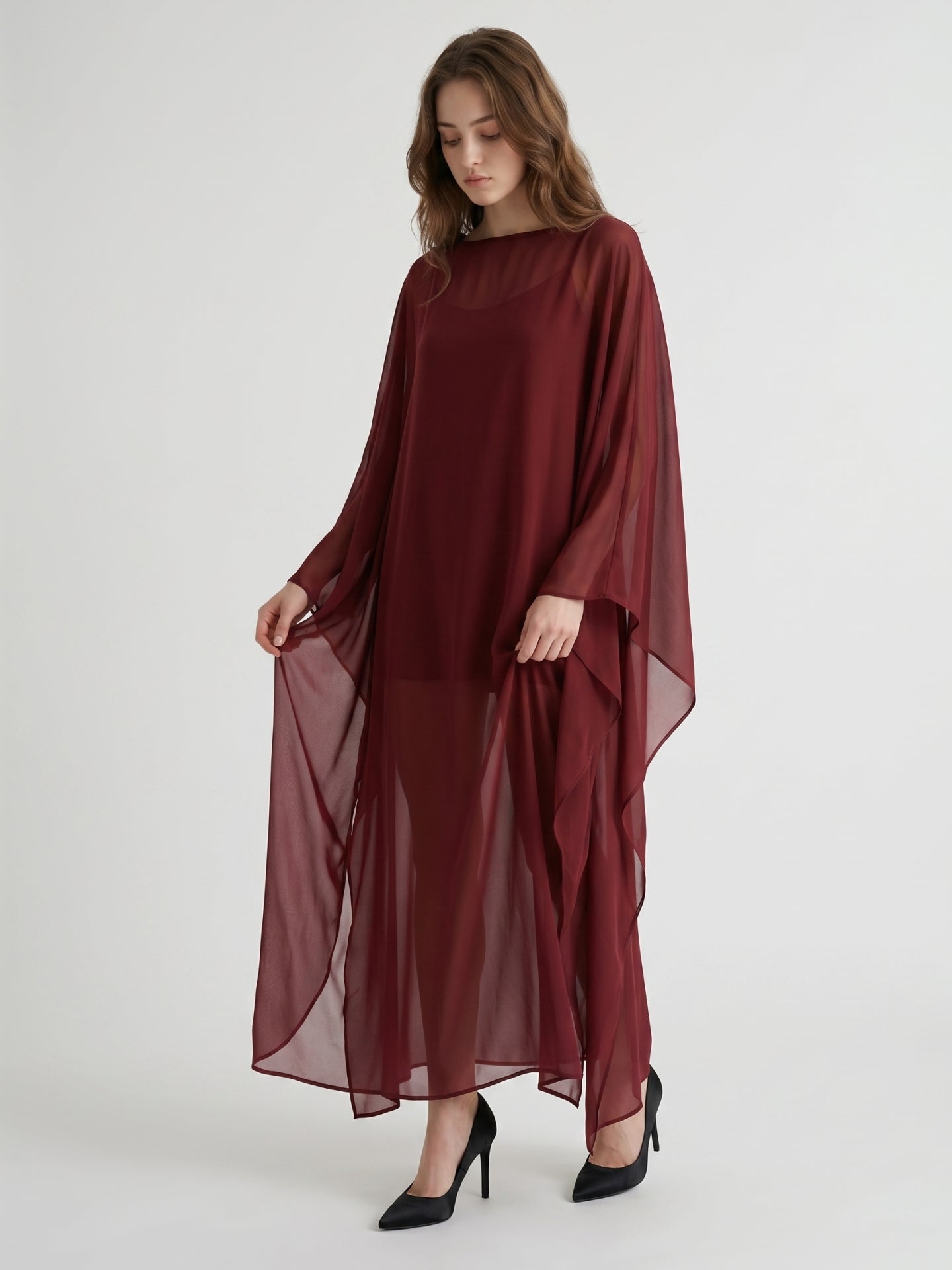 Burgundy Chiffon Sheath Scoop Neck Illusion Ankle-Length Bridesmaid Dress with Cape