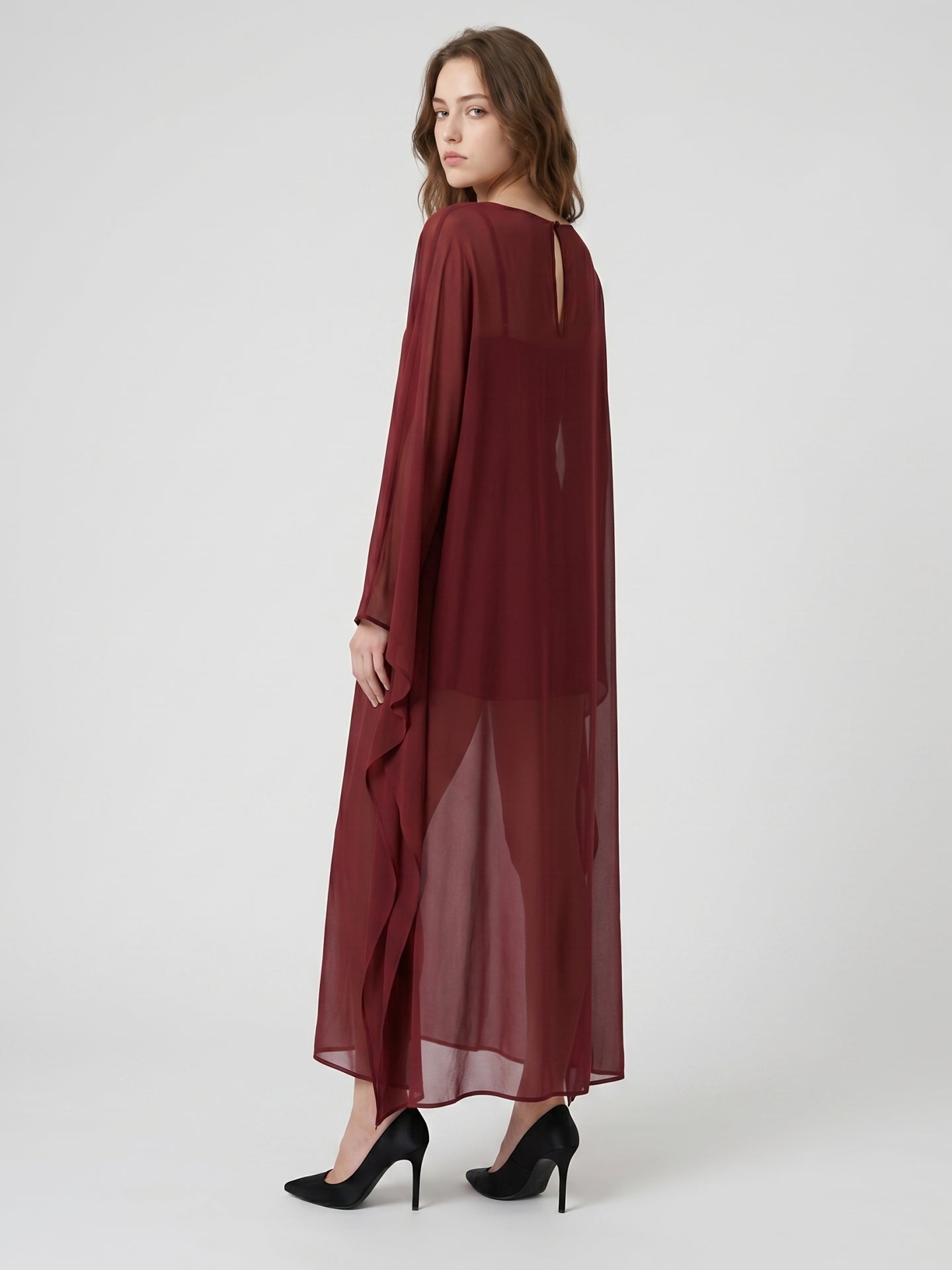 Burgundy Chiffon Sheath Scoop Neck Illusion Ankle-Length Bridesmaid Dress with Cape