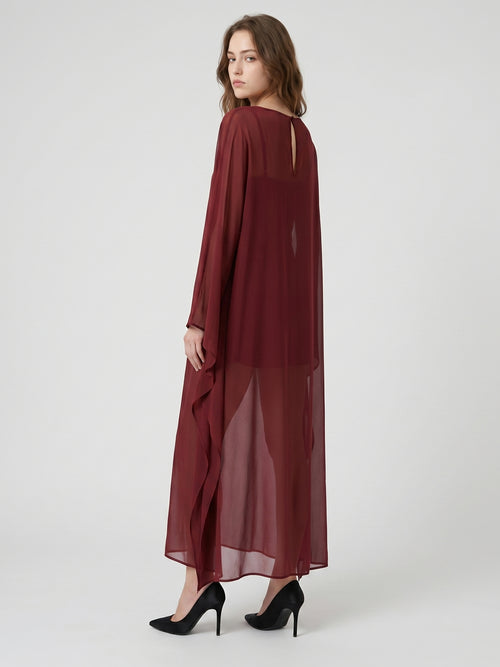 Burgundy Chiffon Sheath Scoop Neck Illusion Ankle-Length Bridesmaid Dress with Cape