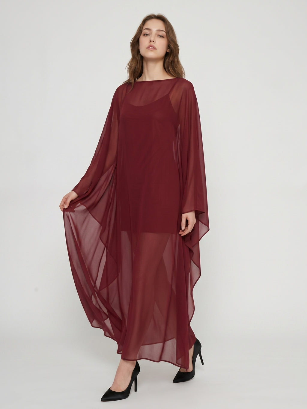 Burgundy Chiffon Sheath Scoop Neck Illusion Ankle-Length Bridesmaid Dress with Cape