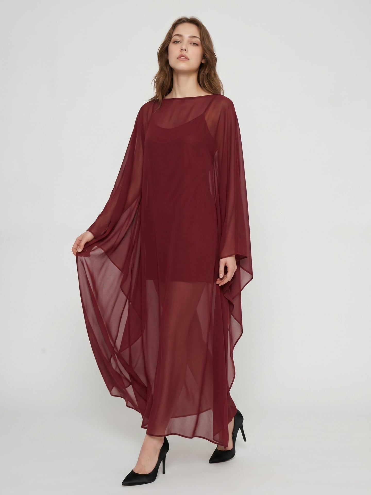 Burgundy Chiffon Sheath Scoop Neck Illusion Ankle-Length Bridesmaid Dress with Cape