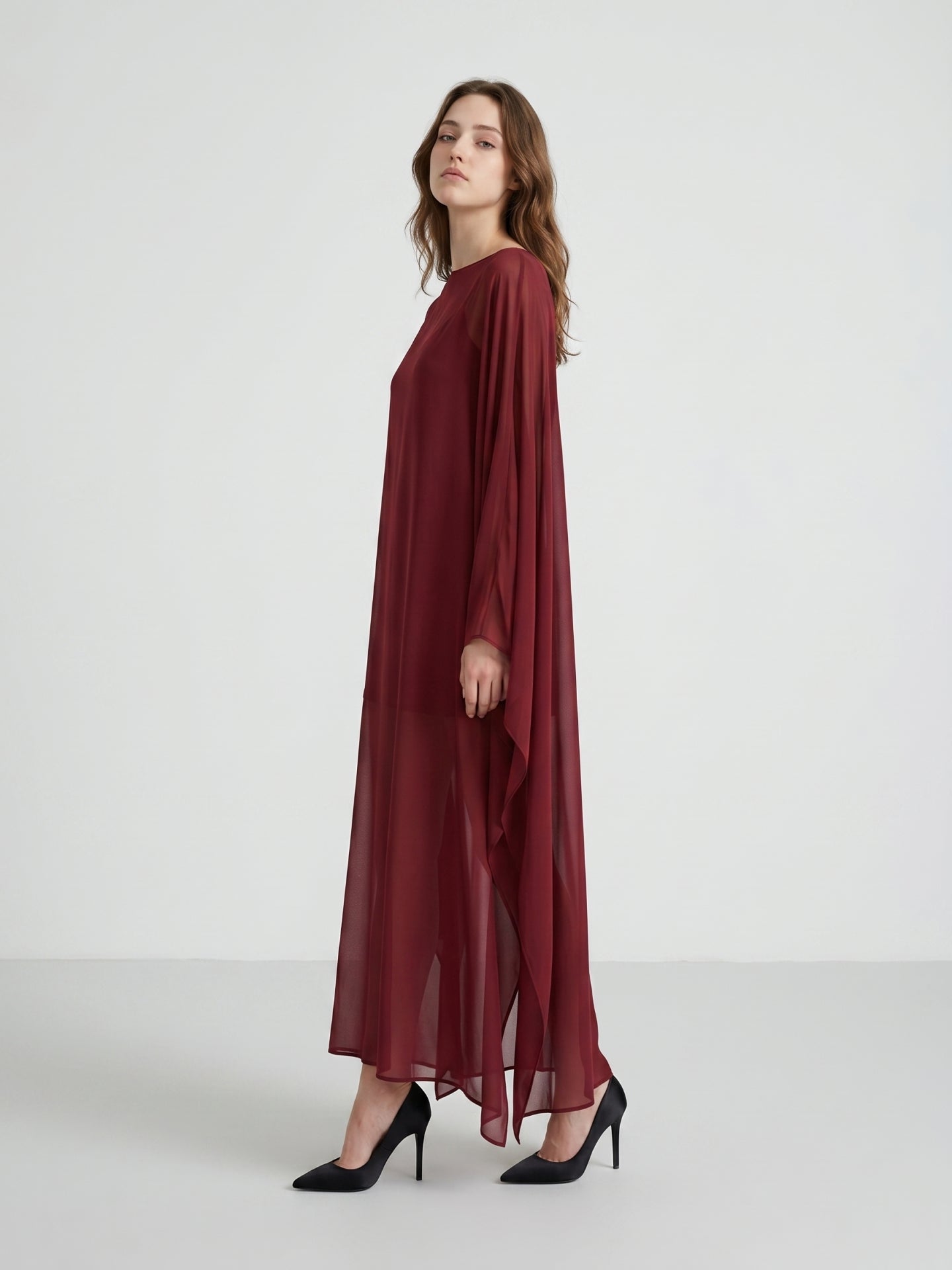 Burgundy Chiffon Sheath Scoop Neck Illusion Ankle-Length Bridesmaid Dress with Cape