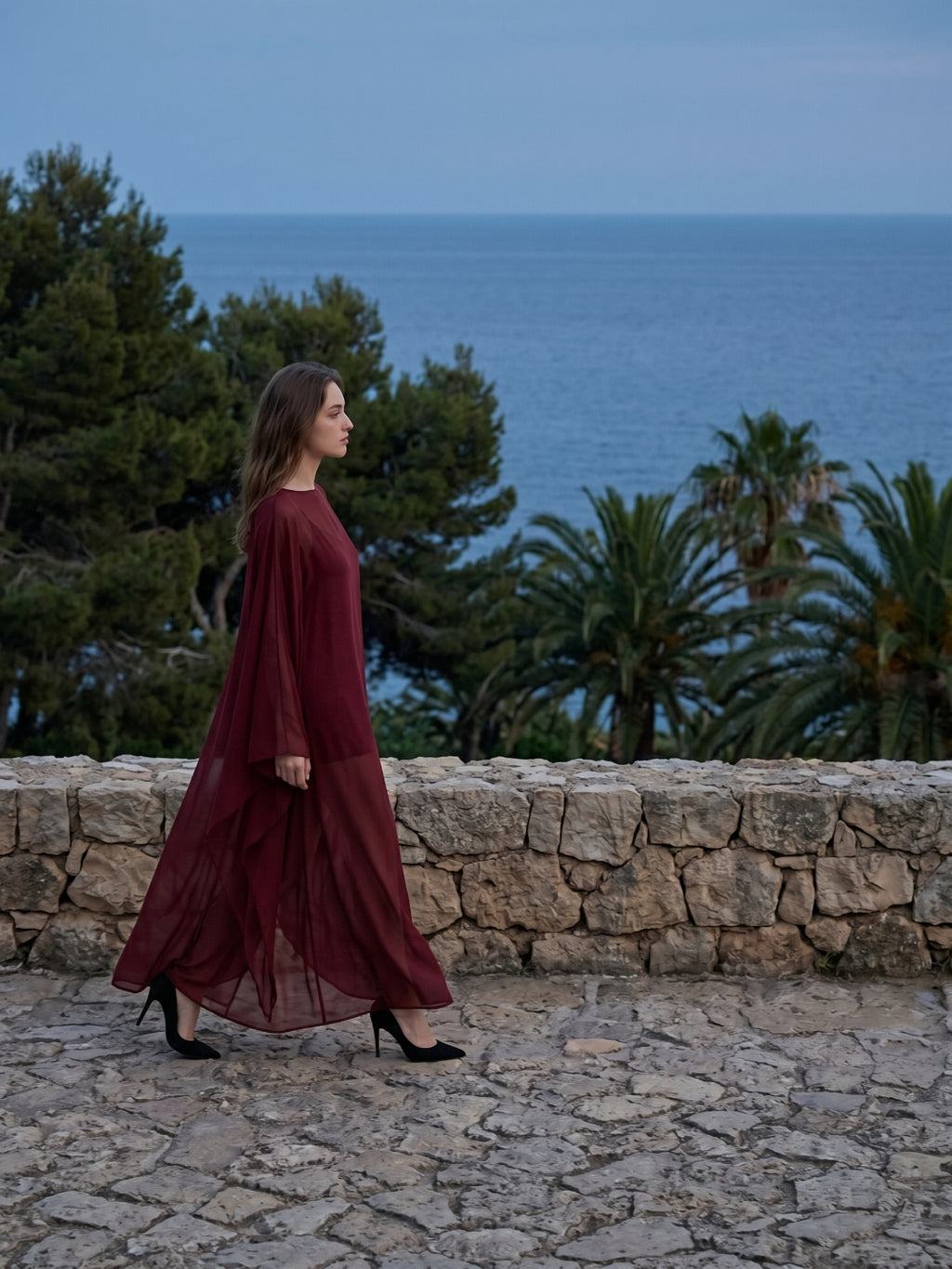 Burgundy Chiffon Sheath Scoop Neck Illusion Ankle-Length Bridesmaid Dress with Cape
