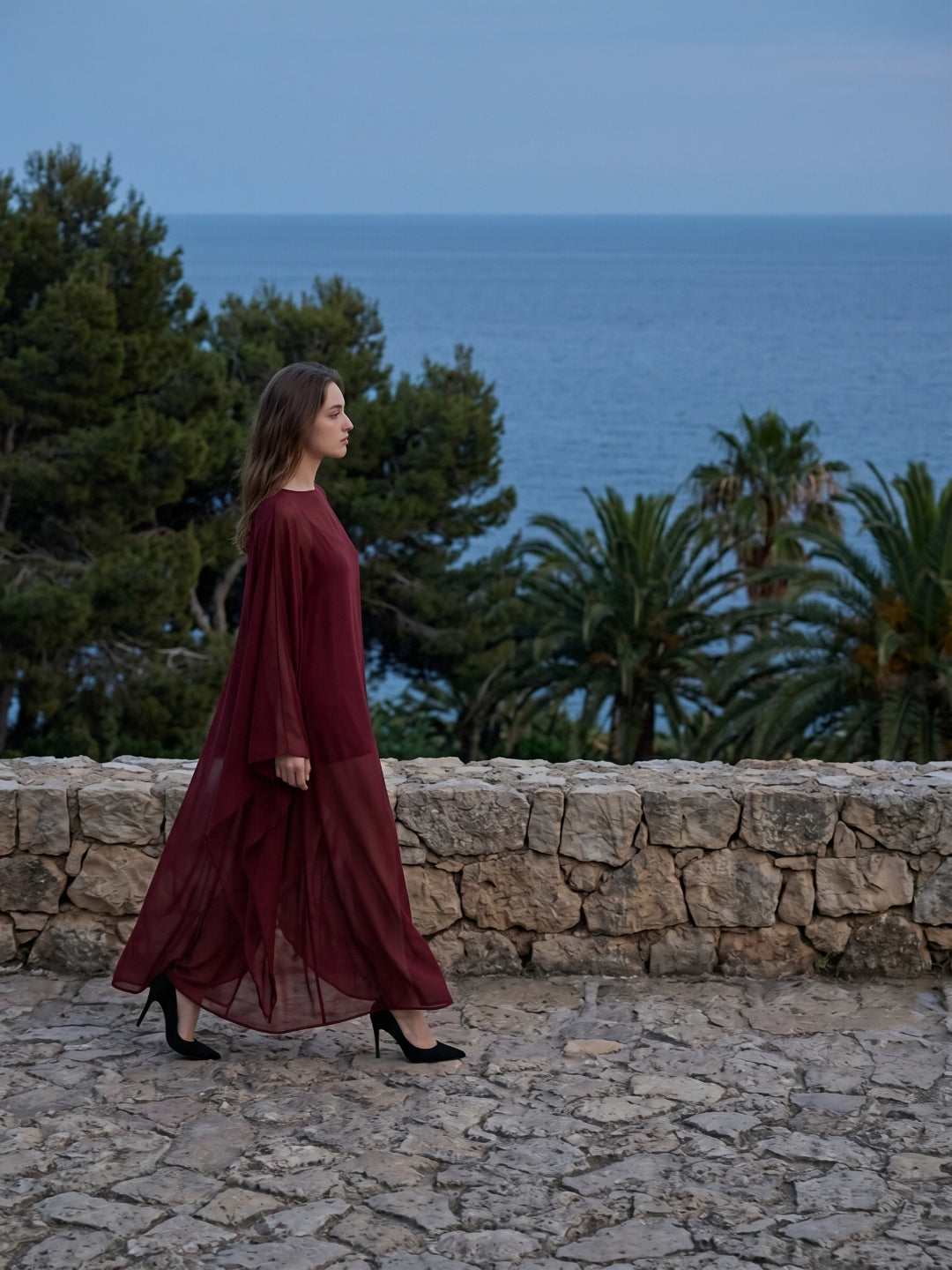Burgundy Chiffon Sheath Scoop Neck Illusion Ankle-Length Bridesmaid Dress with Cape