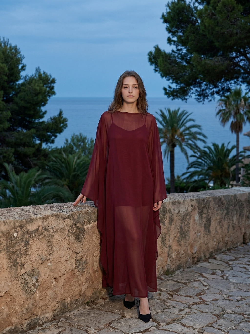 Burgundy Chiffon Sheath Scoop Neck Illusion Ankle-Length Bridesmaid Dress with Cape