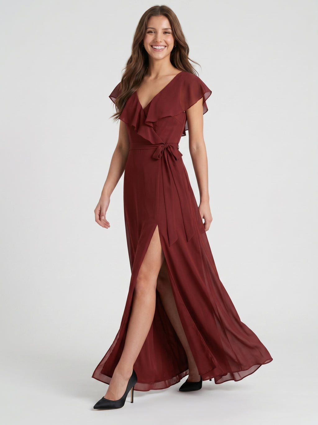 Burgundy Chiffon Trumpet V-Neck V-Back Ankle-Length Bridesmaid Dress with Ruffles