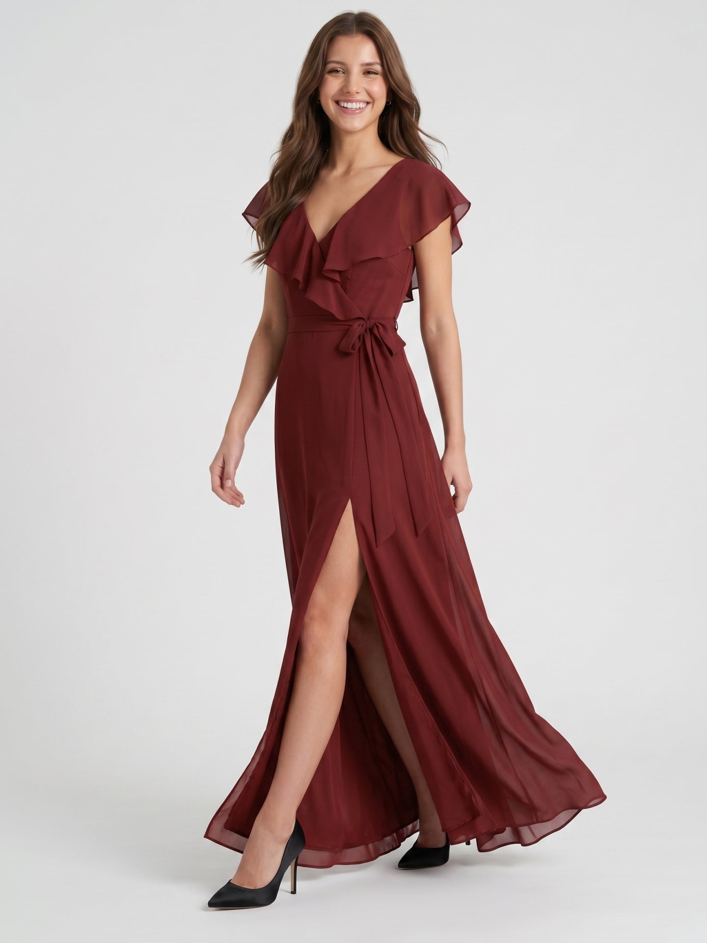 Burgundy Chiffon Trumpet V-Neck V-Back Ankle-Length Bridesmaid Dress with Ruffles