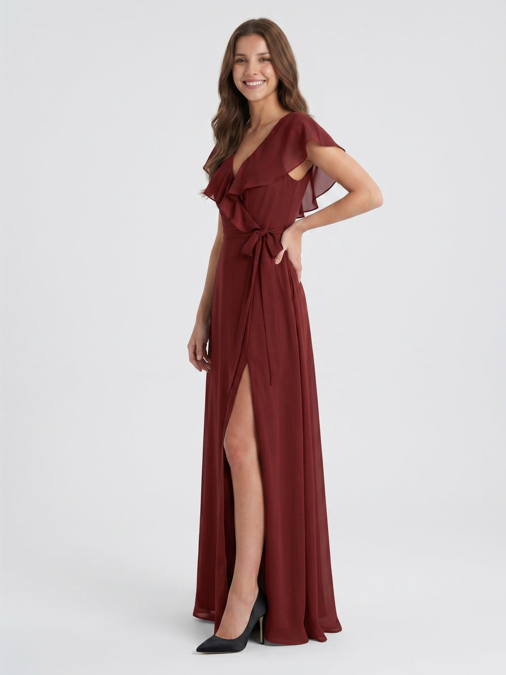 Burgundy Chiffon Trumpet V-Neck V-Back Ankle-Length Bridesmaid Dress with Ruffles