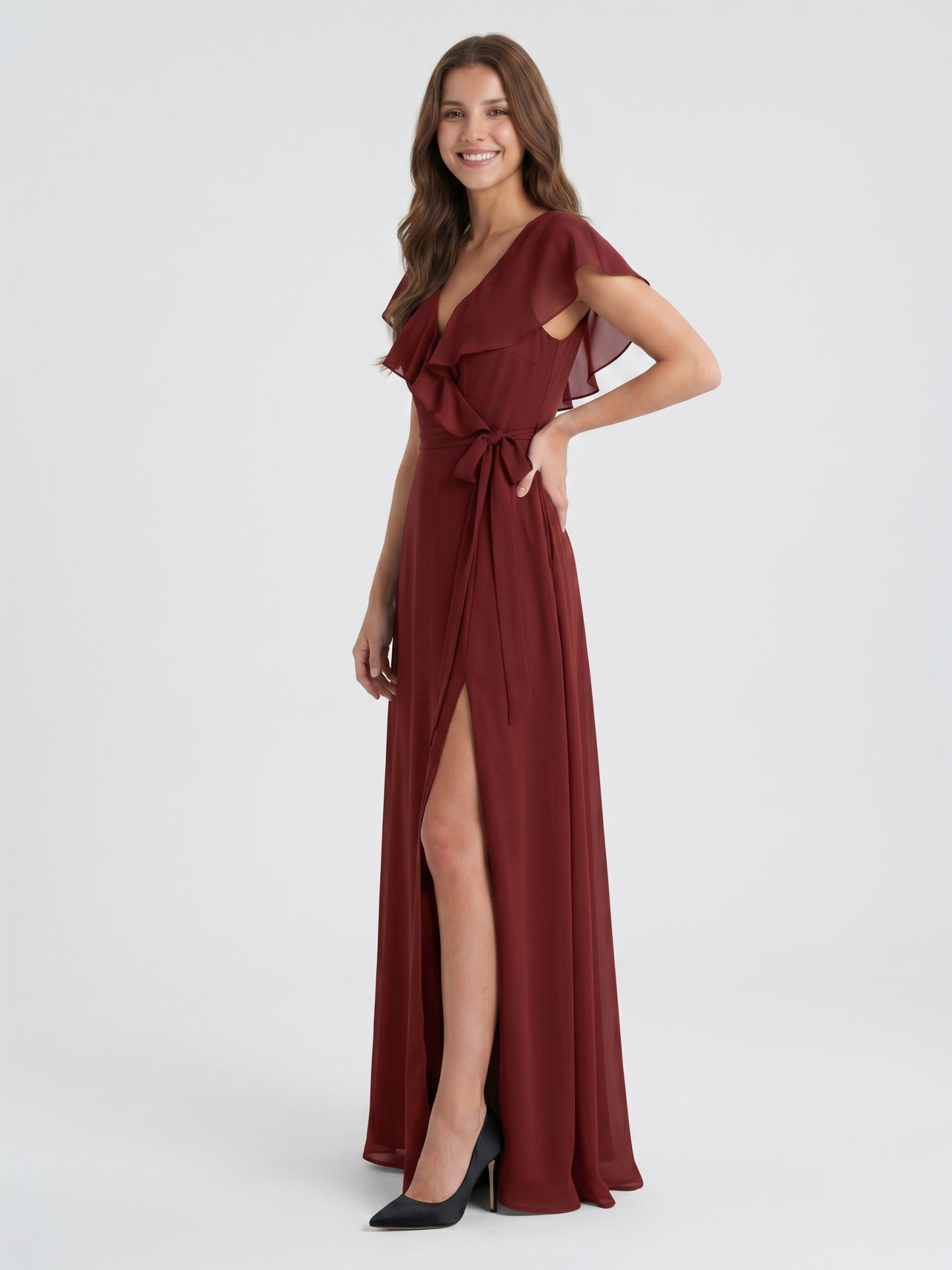 Burgundy Chiffon Trumpet V-Neck V-Back Ankle-Length Bridesmaid Dress with Ruffles
