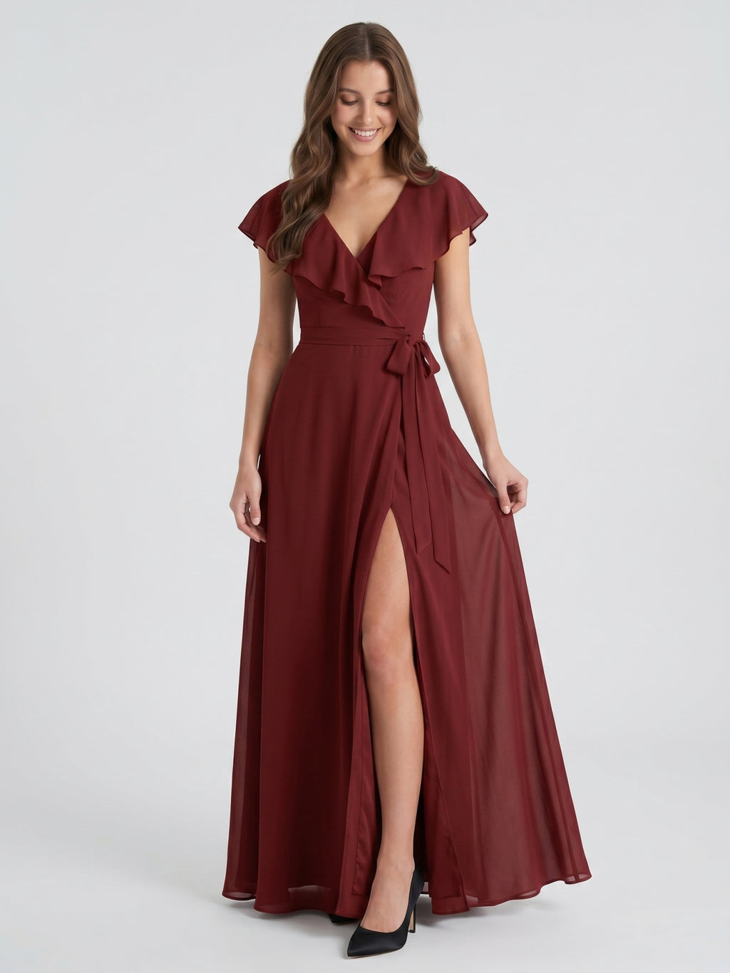 Burgundy Chiffon Trumpet V-Neck V-Back Ankle-Length Bridesmaid Dress with Ruffles