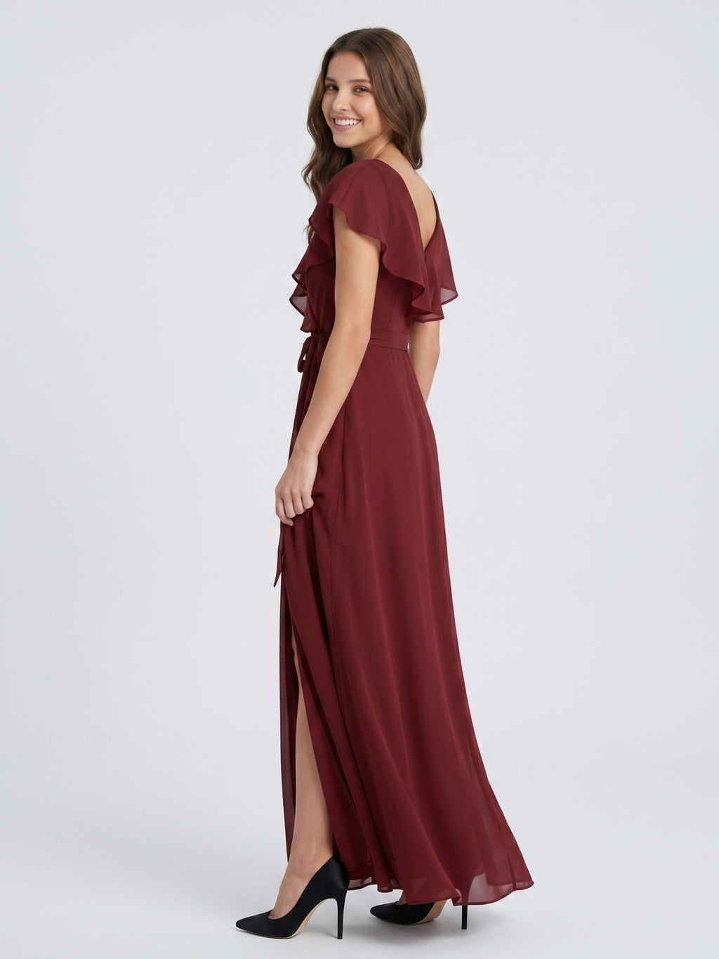 Burgundy Chiffon Trumpet V-Neck V-Back Ankle-Length Bridesmaid Dress with Ruffles