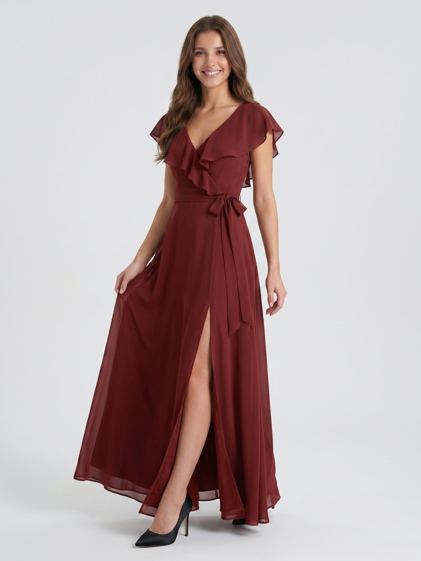 Burgundy Chiffon Trumpet V-Neck V-Back Ankle-Length Bridesmaid Dress with Ruffles