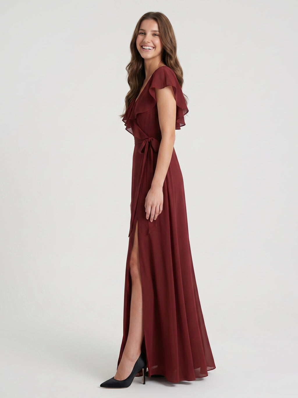 Burgundy Chiffon Trumpet V-Neck V-Back Ankle-Length Bridesmaid Dress with Ruffles