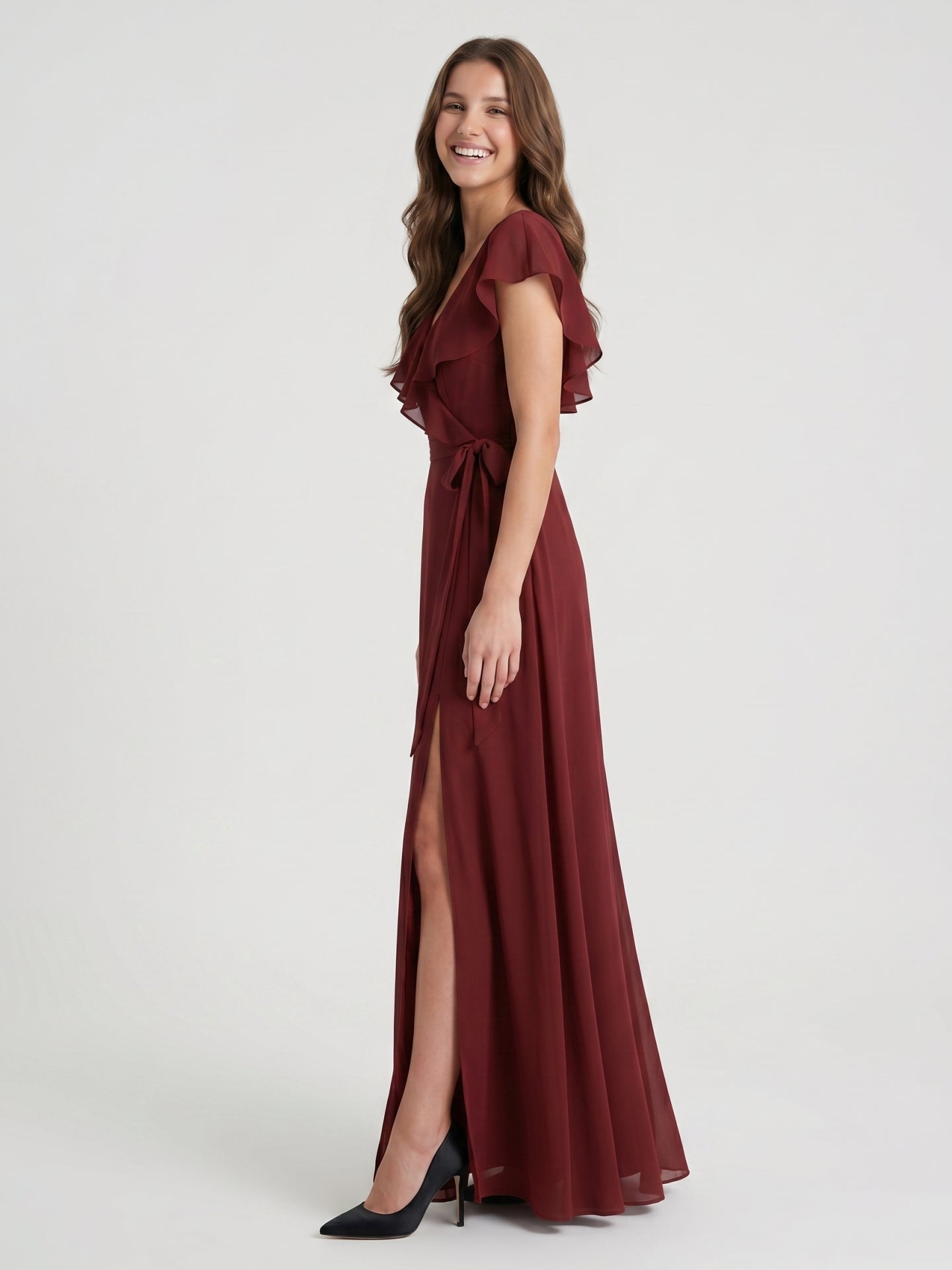Burgundy Chiffon Trumpet V-Neck V-Back Ankle-Length Bridesmaid Dress with Ruffles