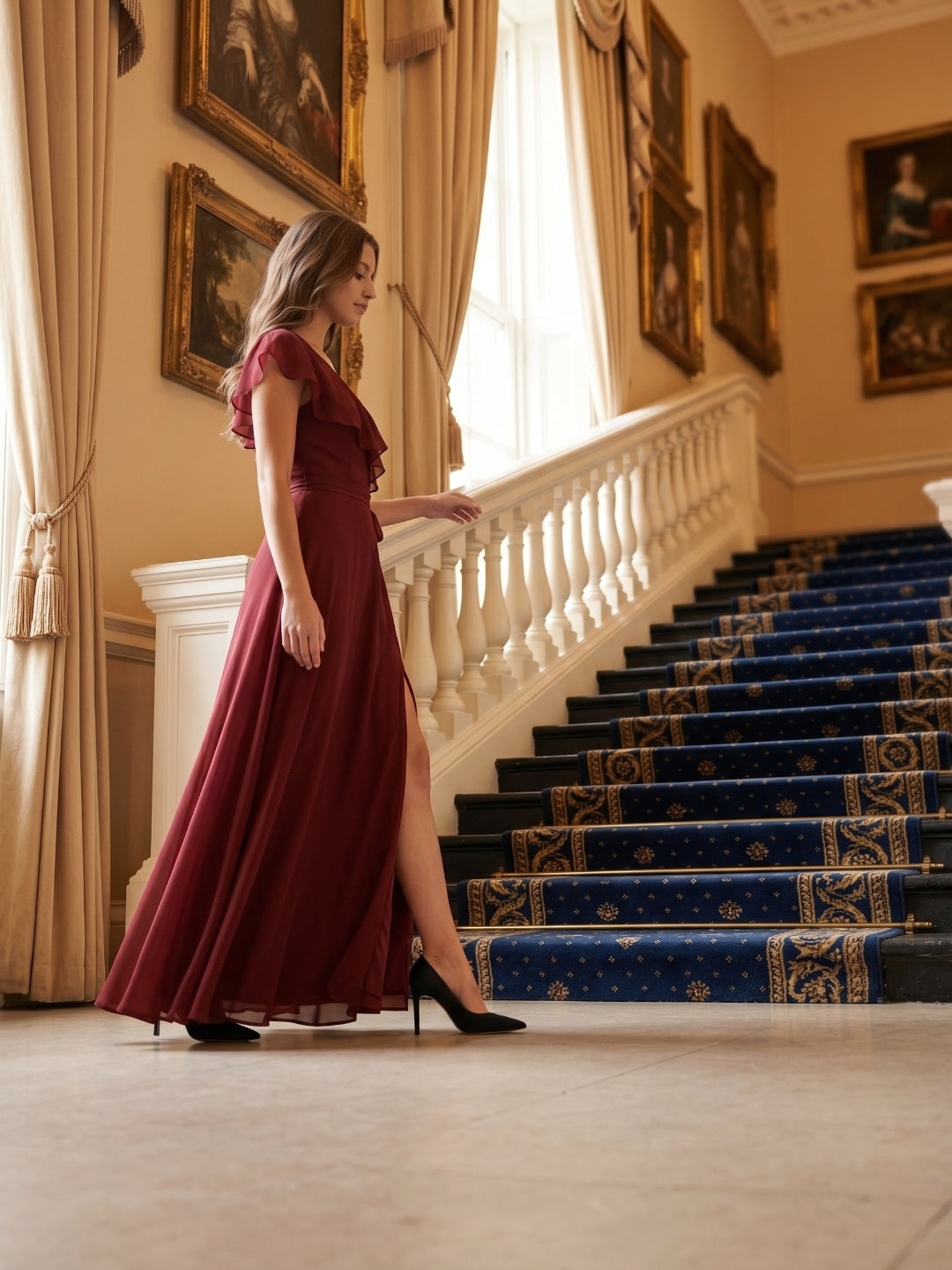 Burgundy Chiffon Trumpet V-Neck V-Back Ankle-Length Bridesmaid Dress with Ruffles