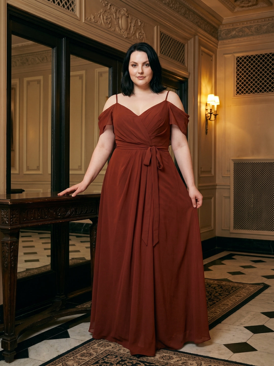 Burgundy Chiffon V-Neck Back Zip A-Line Ankle-Length  Plus Size Bridesmaid Dress