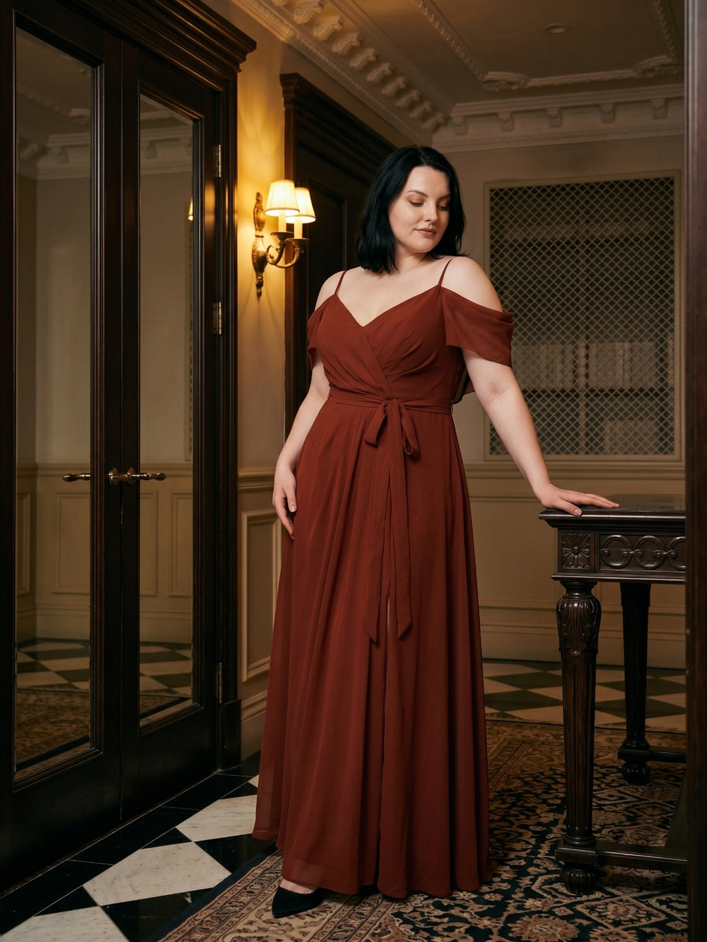 Burgundy Chiffon V-Neck Back Zip A-Line Ankle-Length  Plus Size Bridesmaid Dress