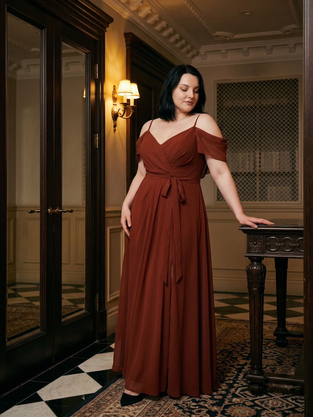 Burgundy Chiffon V-Neck Back Zip A-Line Ankle-Length  Plus Size Bridesmaid Dress
