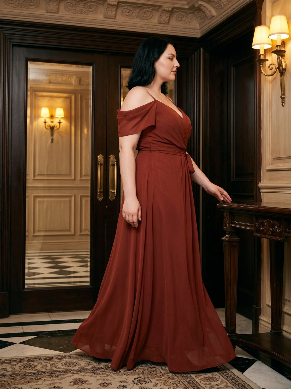 Burgundy Chiffon V-Neck Back Zip A-Line Ankle-Length  Plus Size Bridesmaid Dress