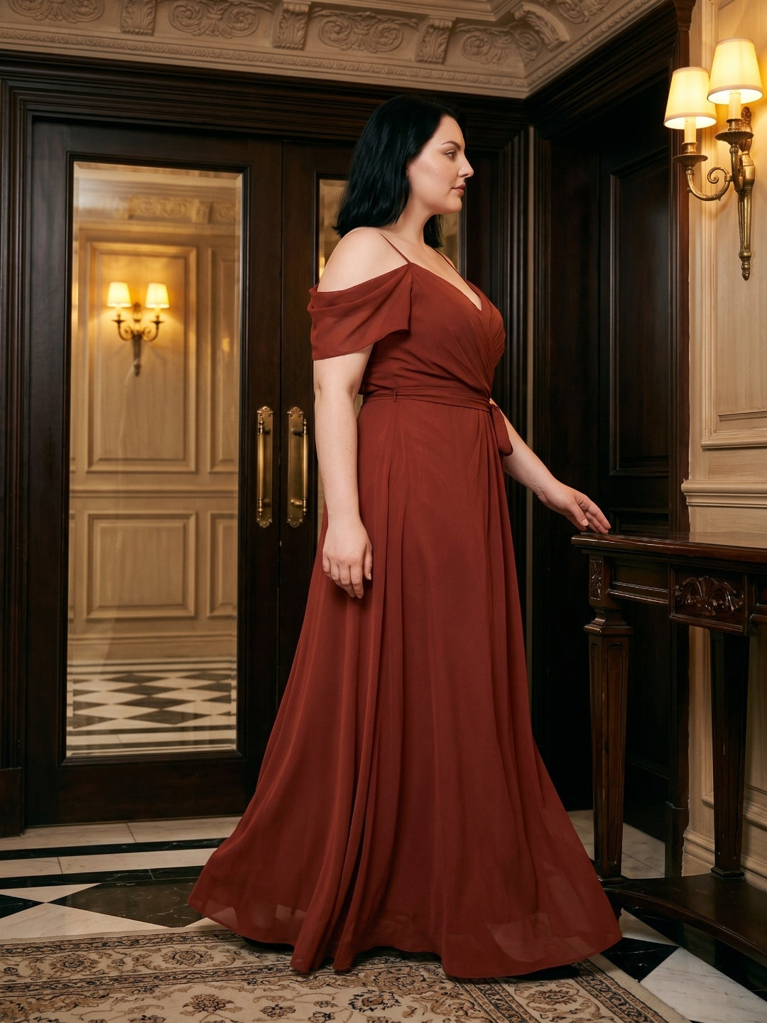 Burgundy Chiffon V-Neck Back Zip A-Line Ankle-Length  Plus Size Bridesmaid Dress