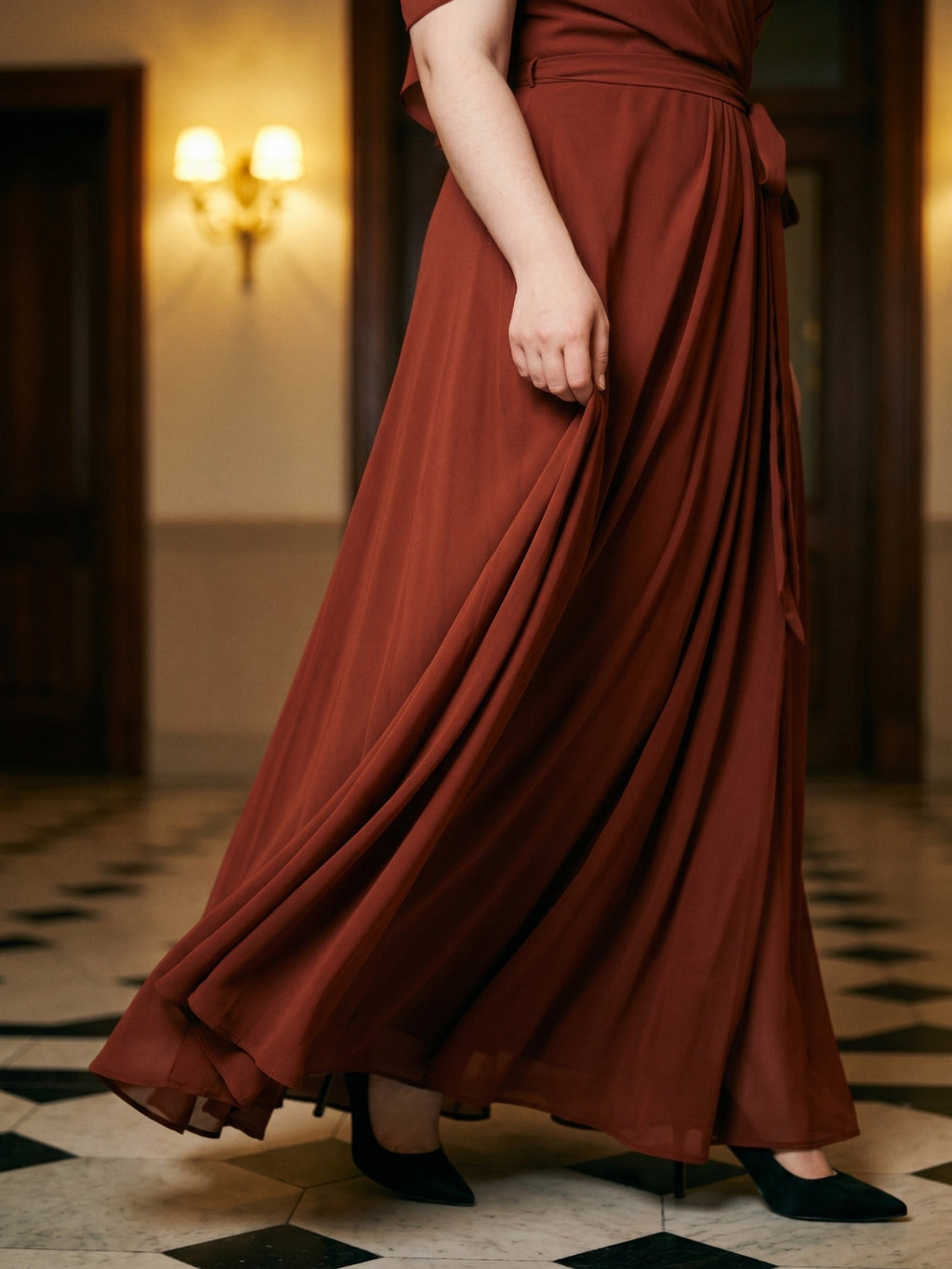 Burgundy Chiffon V-Neck Back Zip A-Line Ankle-Length  Plus Size Bridesmaid Dress