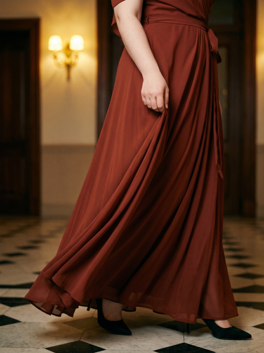 Burgundy Chiffon V-Neck Back Zip A-Line Ankle-Length  Plus Size Bridesmaid Dress