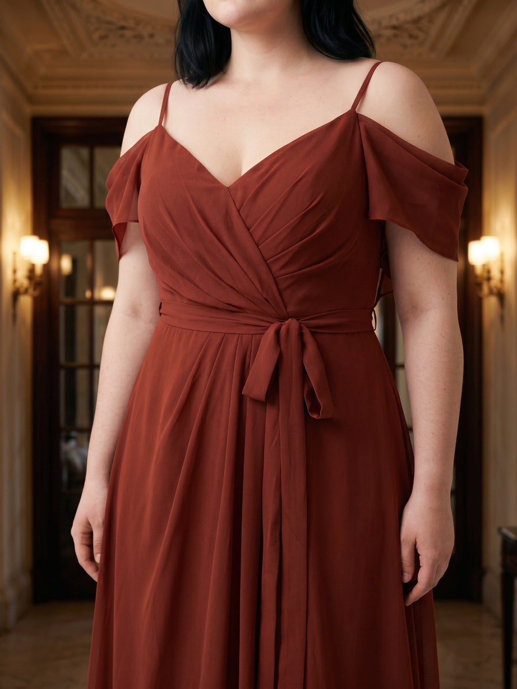 Burgundy Chiffon V-Neck Back Zip A-Line Ankle-Length  Plus Size Bridesmaid Dress