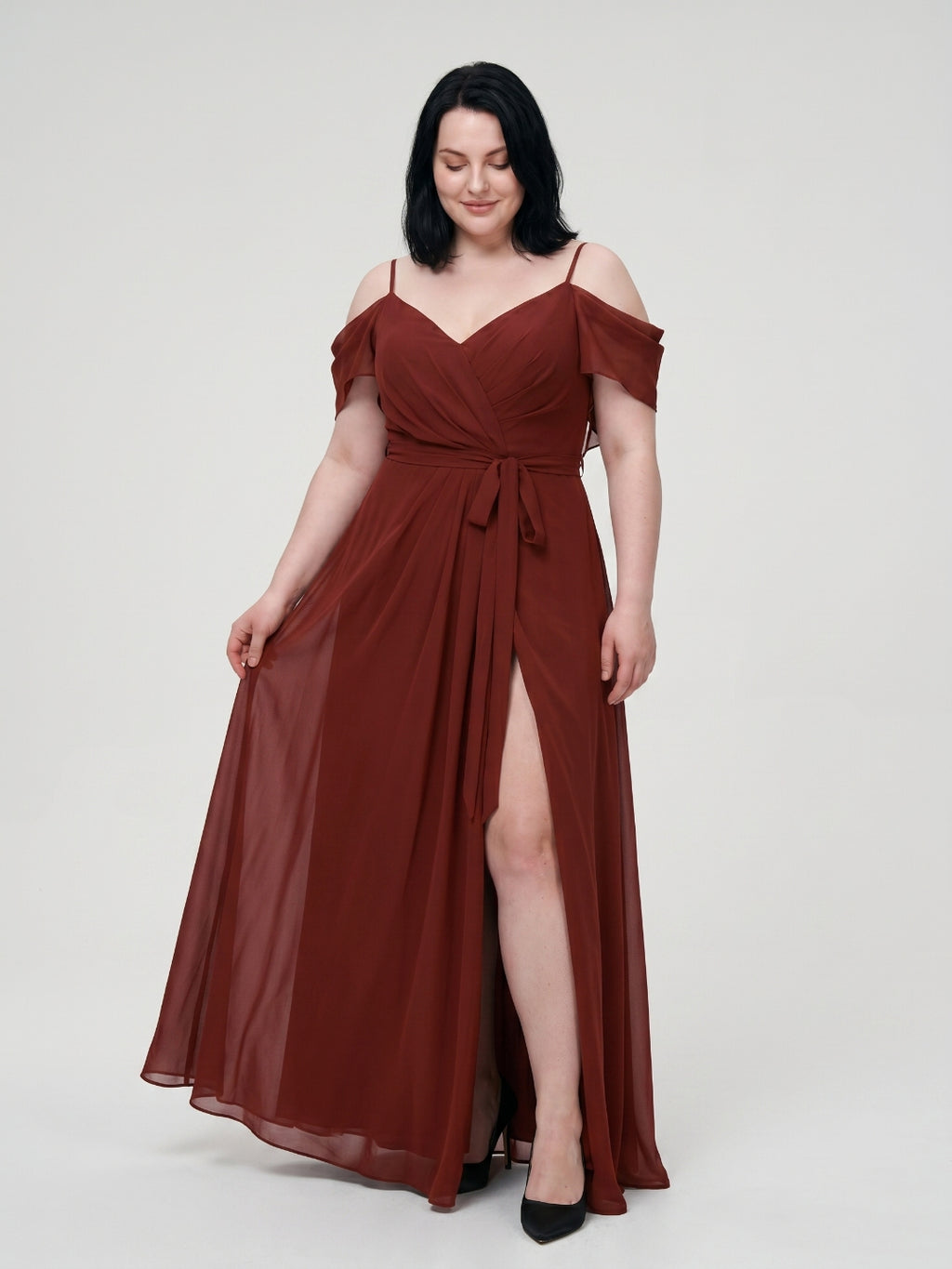 Burgundy Chiffon V-Neck Back Zip A-Line Ankle-Length  Plus Size Bridesmaid Dress