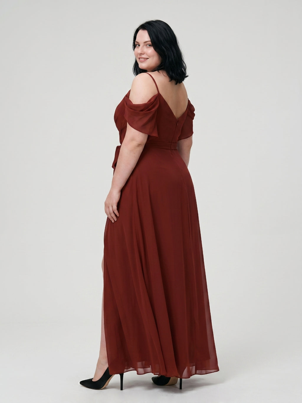 Burgundy Chiffon V-Neck Back Zip A-Line Ankle-Length  Plus Size Bridesmaid Dress